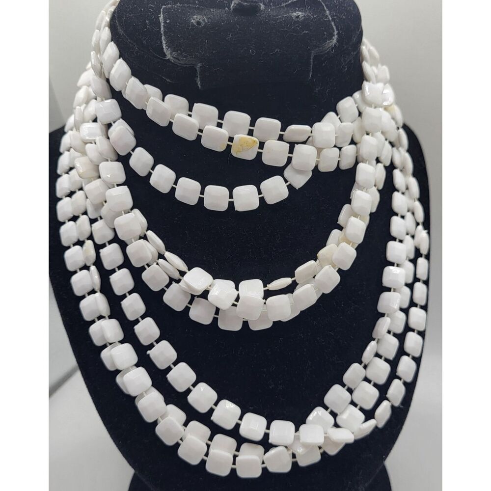 Vintage 70s Multi Strand White Acrylic Bead Necklace 46in